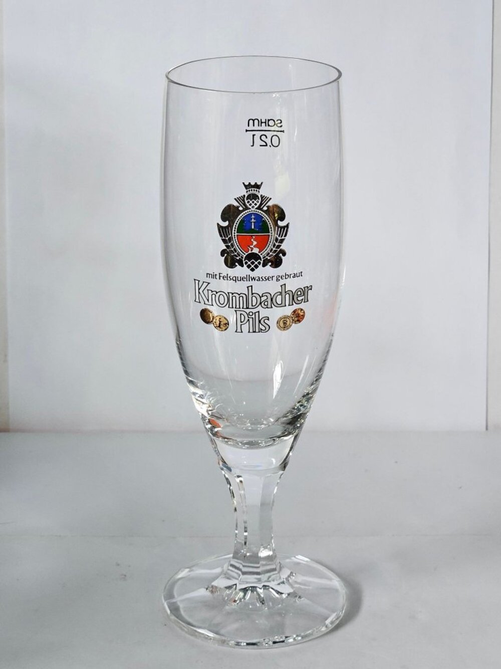 Krombacher Pils Beer Glass .2L Sahm  7 3/4" Stemmed Pilsner Glass Brewery Logo